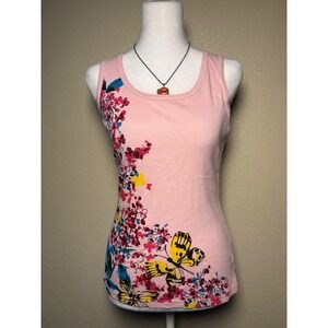 Y2K Basic Editions Pink Ribbed Tank Top Butterfly Floral Graphic Small #9